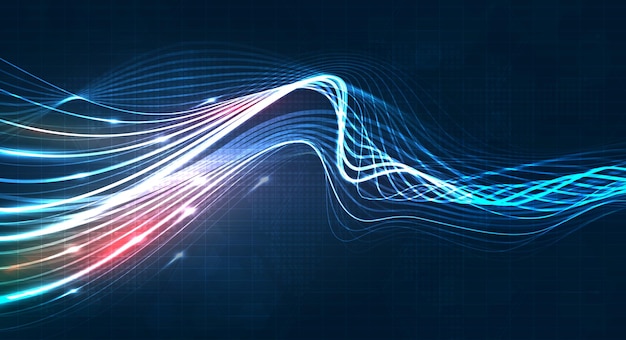 Fondo futurista de línea de velocidad de fibra óptica de racha de luz azul para tecnología 5g o 6g transmisión inalámbrica de datos internet de alta velocidad en diseño de vector de concepto de red de internet abstracto