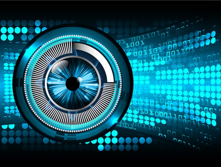 Vector fondo futuro del concepto de la tecnología del circuito cibernético del ojo azul