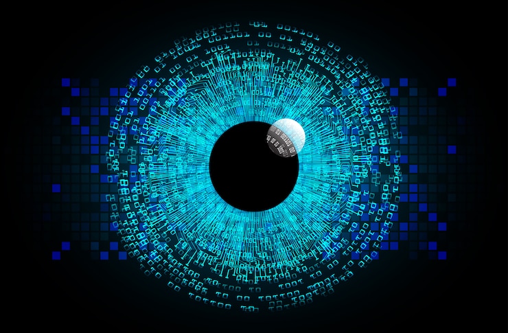 Vector fondo futuro del concepto de la tecnología del circuito cibernético del ojo azul