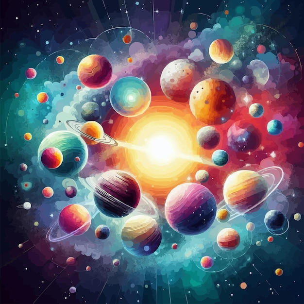 Vector fondo de la galaxia con planetas coloridos brillante ilustración vectorial colorida