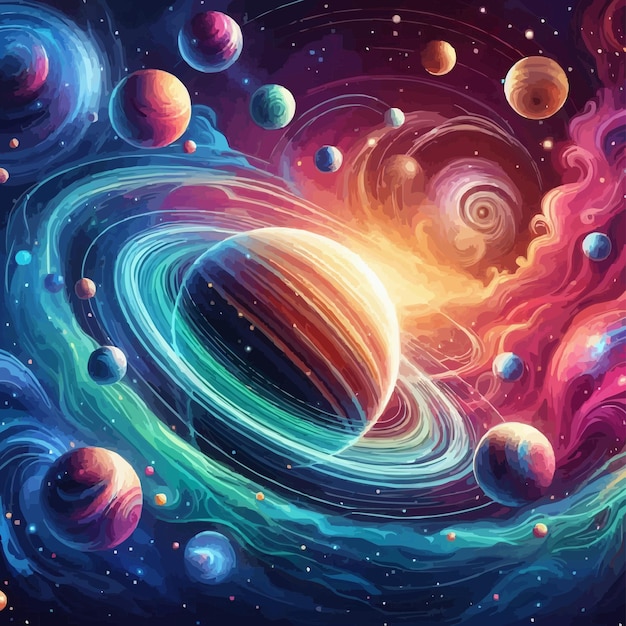 Fondo de la galaxia con planetas coloridos brillante ilustración vectorial colorida