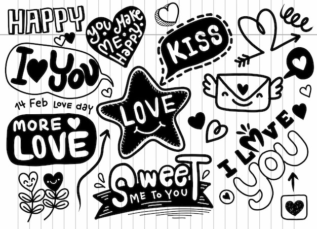 Fondo de garabatos de amor, conjunto de dibujos animados de garabatos dibujados a mano incompletos de objetos y símbolos del amor y el día de san valentín