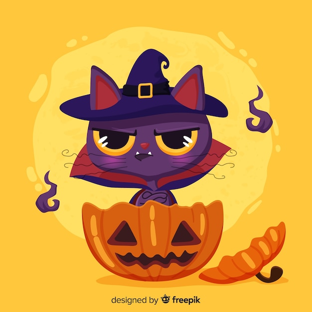 Vector fondo de gato de halloween en diseño plano