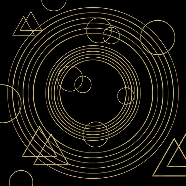 Fondo geométrico abstracto, círculos dorados sobre un fondo negro. Ilustración, plantilla, vector