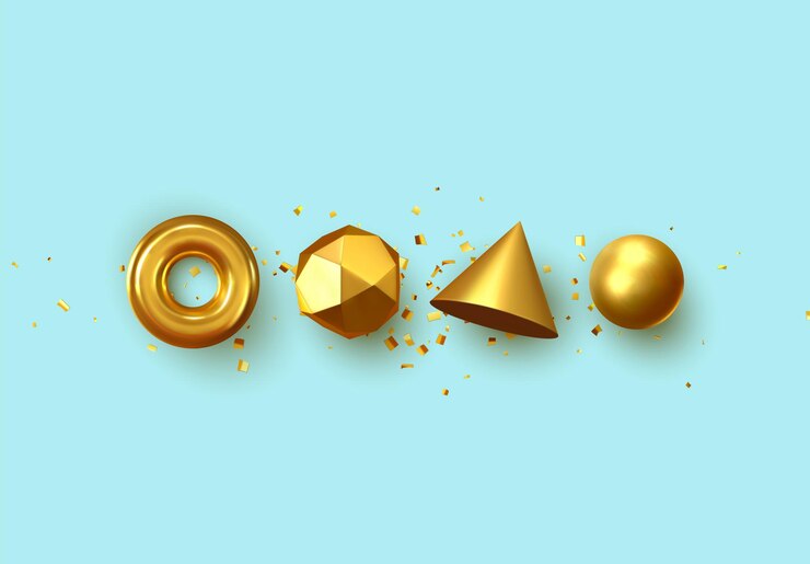 Vector fondo geométrico abstracto. formas 3d, esferas de color dorado, toros, conos. diseño minimalista de moda artística. ilustración vectorial