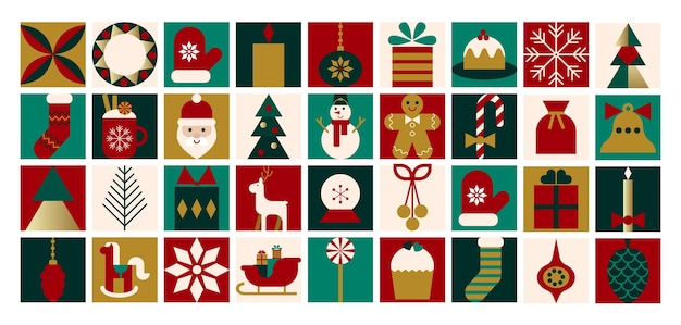 Fondo geométrico abstracto de Navidad Icono con símbolos abeto estilizado Santa Claus regalo galleta ciervo