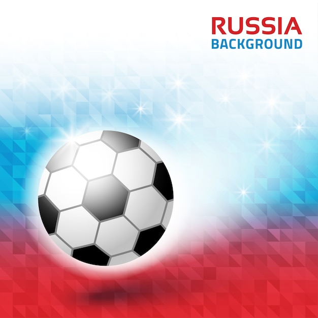 Fondo geométrico brillante. Colores de la bandera de Rusia 2018. Icono de balón de fútbol.