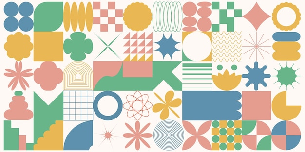 Fondo geométrico en estilo de neogeometría Varias formas abstractas coloridas Ilustración vectorial