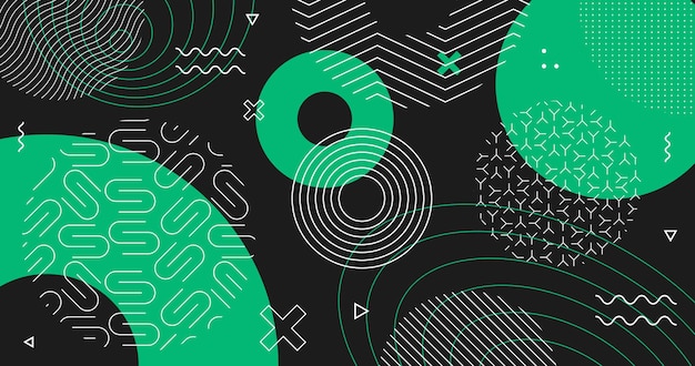 Fondo geométrico mínimo. Composición de formas de patrón de Memphis. Telón de fondo oscuro minimalista abstracto. Ilustración vectorial.