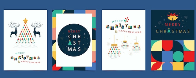 Fondo geométrico navideño con árbol de Navidad y renos. Ilustración vectorial editable para tamaño postala4.