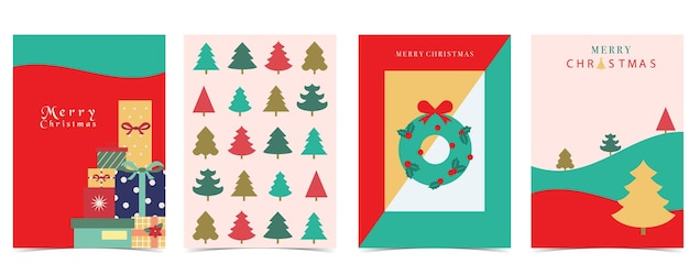 Fondo geométrico navideño con árbol de Navidad y renos. Ilustración vectorial editable para tamaño postala4.