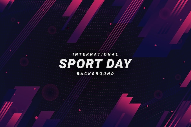 Fondo geométrico oscuro con formas rosadas y azules y texto del Día Internacional del Deporte