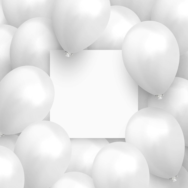 Vector fondo con globos. globos de borde de marco blanco. banner de plantilla con hoja de papel limpia. globo de diseño de celebración realista. colores pastel suaves. ilustración vectorial