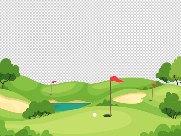 Fondo de golf. campo de golf verde con agujero y banderas rojas para tarjeta de invitación, póster y pancarta, plantilla de vector de torneo de juego. bandera de golf en la hierba verde, la competencia y la ilustración de ocio