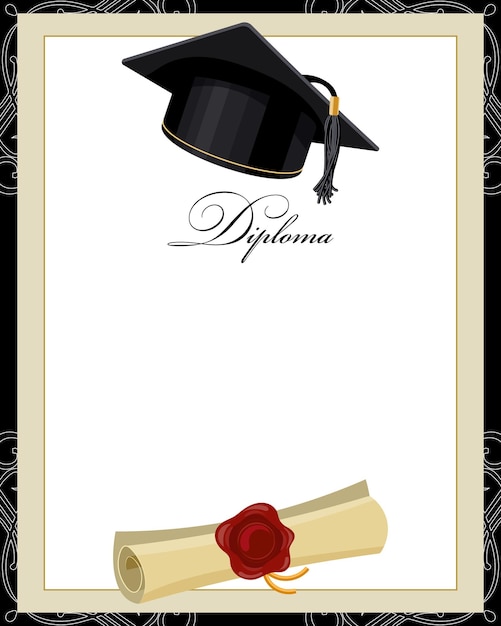 Fondo con gorro de graduación y certificado de papiro diseño negro dorado para diploma de graduación