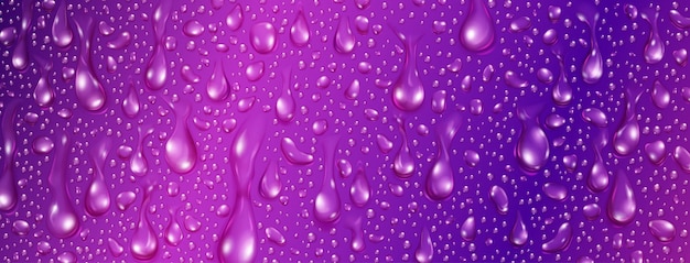 Fondo de gotas de agua realistas grandes y pequeñas en colores morados