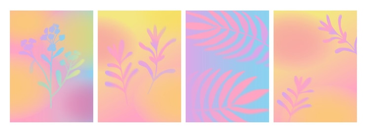 Vector fondo de gradiente vibrante con brunch de plantas borrosas carteles borrosos verticales con elementos tropicales botánicos diseños borrosos de palmeras y hojas de árboles