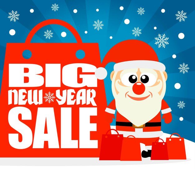 Fondo de gran venta de año nuevo con divertido Santa Claus