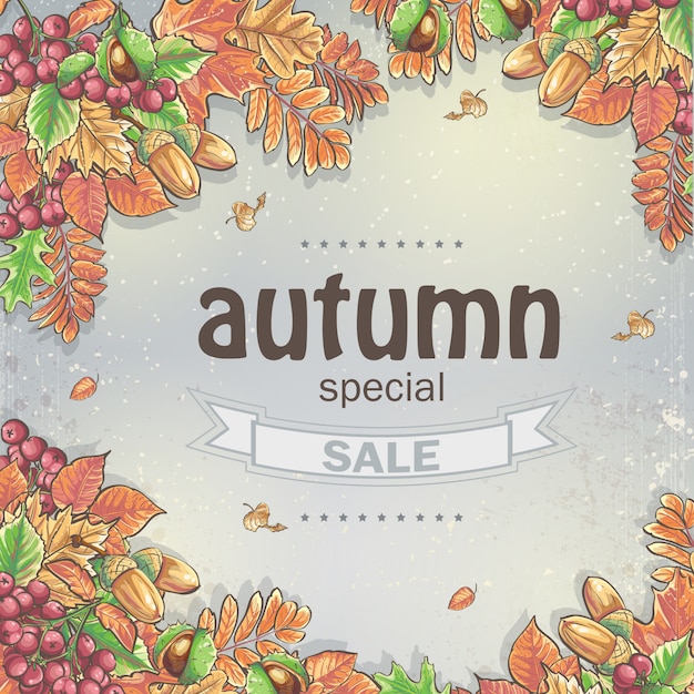 Fondo de una gran venta de otoño con la imagen de hojas de otoño, castañas, bellotas y bayas de viburnum