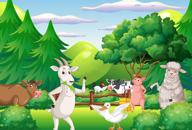 Fondo de la granja con animales felices