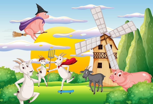 Fondo de granja con animales felices