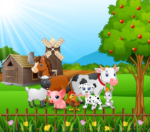 Fondo de la granja con animales felices