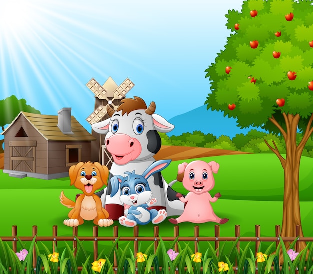 Fondo de la granja con animales felices