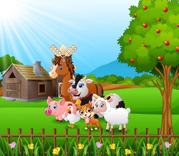 Fondo de la granja con animales felices