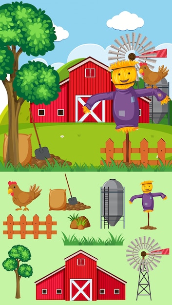 Vector fondo de granja con espantapájaros y granero