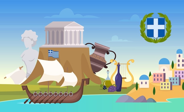 Fondo de Grecia Puntos de referencia objetos arquitectónicos de Grecia viejos objetos y símbolos antiguos paisaje de dibujos animados de vector exacto