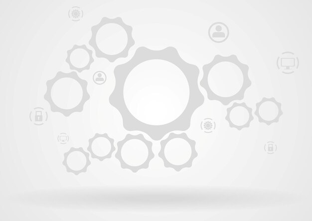 Fondo gris abstracto con engranajes e iconos. Plantilla de diseño de vectores de alta tecnología