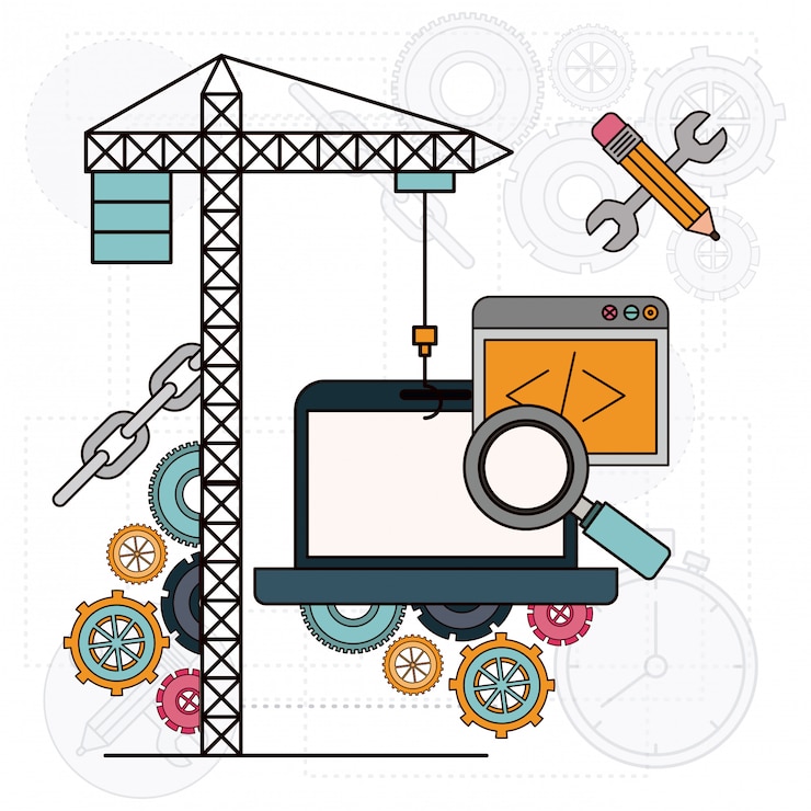 Vector fondo con grúa y ordenador portátil para desarrollo de la construcción.