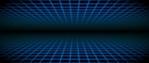 Fondo de la habitación de marco de alambre de neón brillante Piso y techo de la sala de cuadrícula azul en perspectiva Retro brillante
