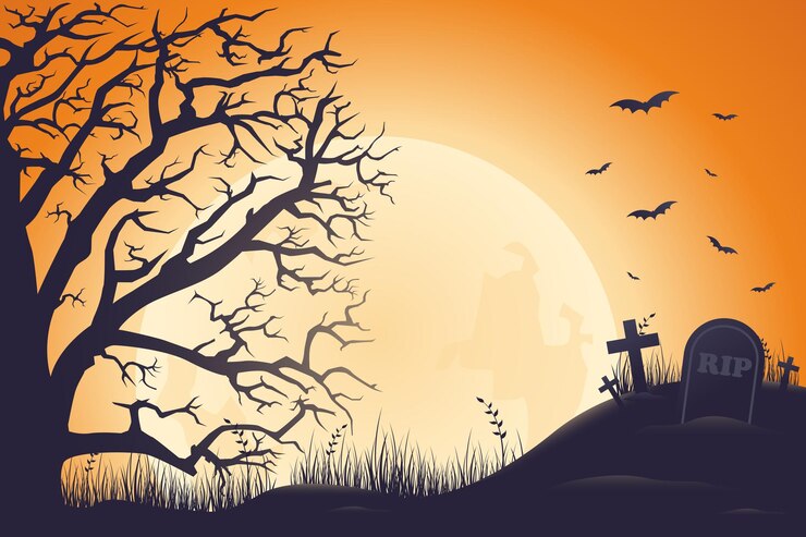 fondo de Halloween árbol espeluznante y cementerio embrujado con luz de luna en fondo naranja