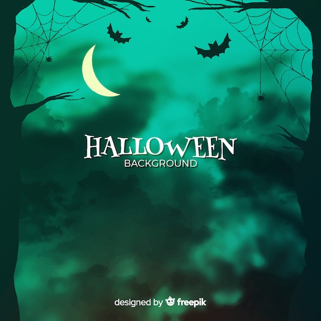 Vector fondo de halloween con bosque y murciélagos