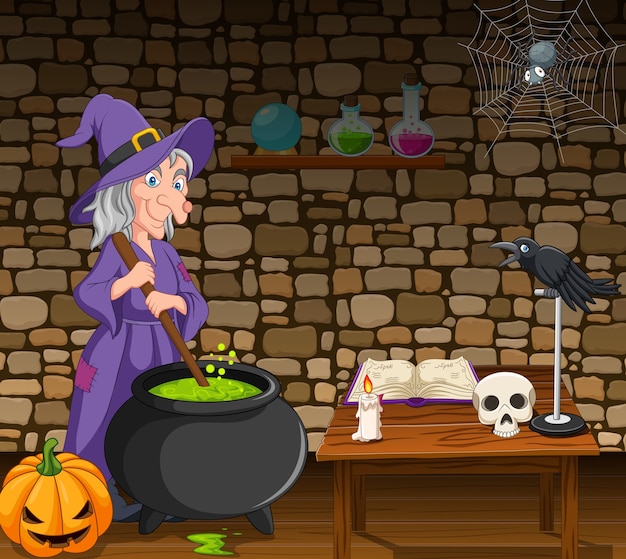 Vector fondo de halloween con bruja revolviendo poción mágica