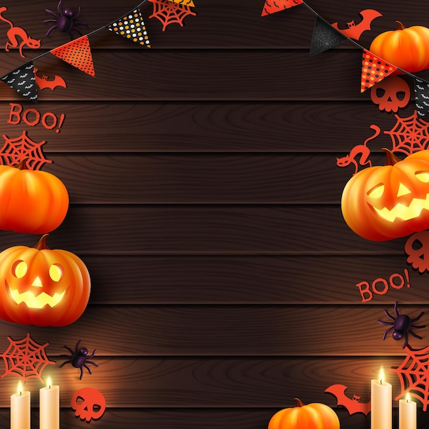 Vector fondo de halloween con calabaza de halloween y elementos de halloween sobre fondo de madera