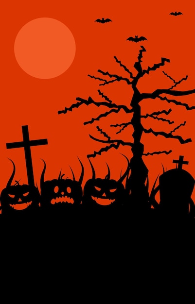 Fondo de Halloween con calabazas aterradoras, cruces, lápidas, árboles espeluznantes, murciélagos y luna llena.