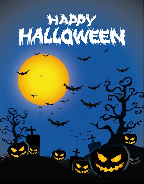 Fondo de Halloween con calabazas fantasmas en los murciélagos de hierba y luna en la oscuridad