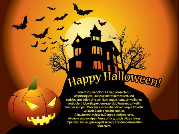 Fondo de Halloween con casa embrujada, murciélagos y calabaza