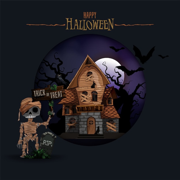 Fondo de Halloween con casa embrujada, murciélagos y cementerio