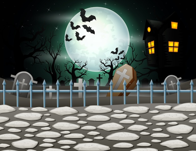 Vector fondo de halloween con casa en luna llena