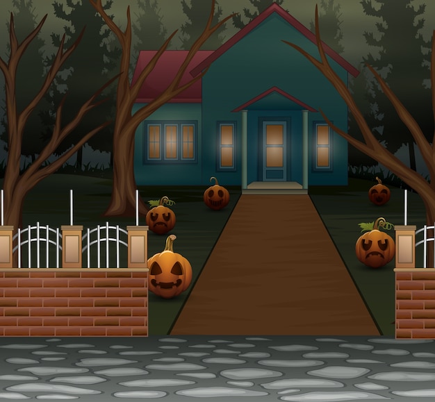 Vector fondo de halloween con casa de miedo en la noche