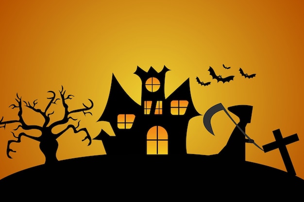 Un fondo de halloween con una casa y murciélagos