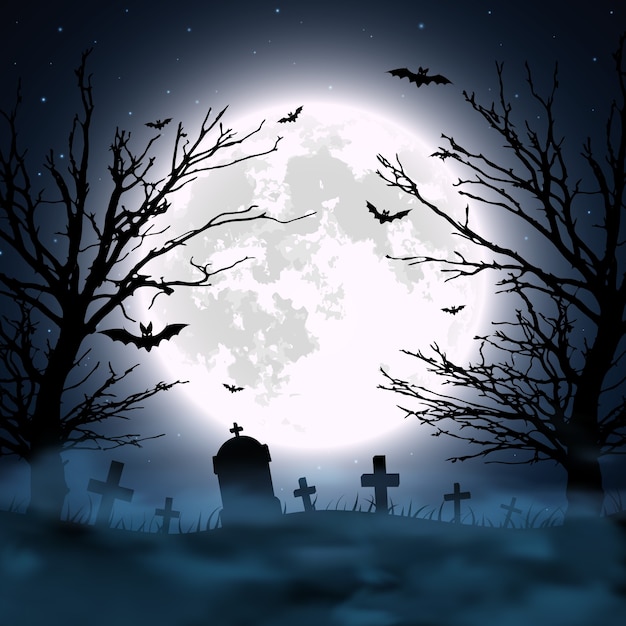 Vector fondo de halloween con cementerio, árbol y luna. ilustración