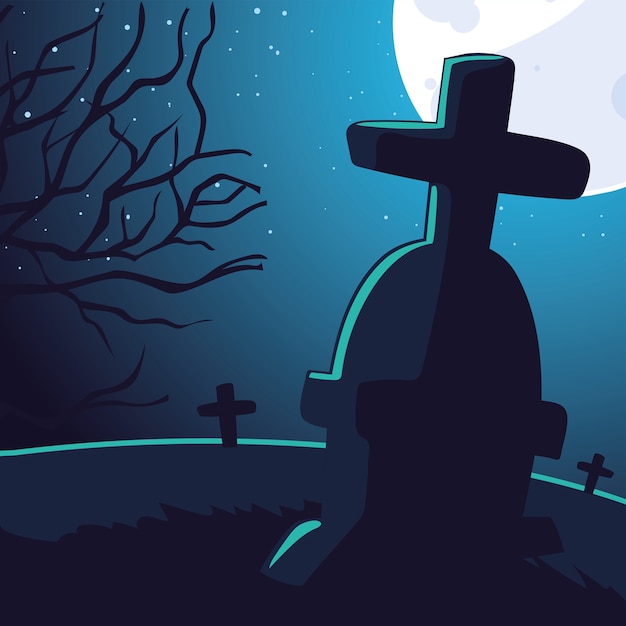 Fondo de halloween con cementerio aterrador y luna llena