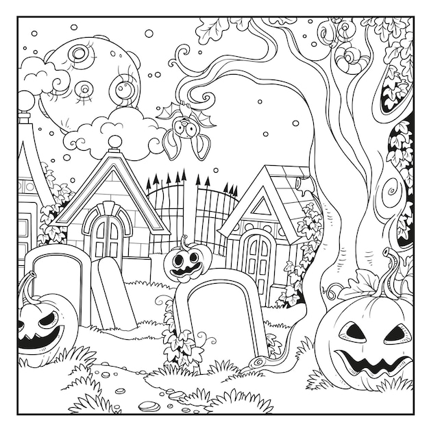 Fondo de Halloween cementerio y criptas con calabazas delineadas para página de colorear
