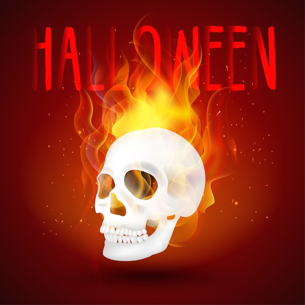 Vector fondo de halloween cráneo humano en fuego