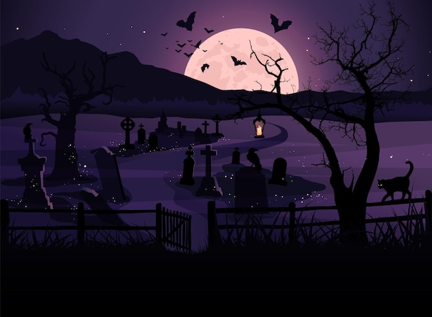 Fondo de Halloween, escena nocturna del cementerio