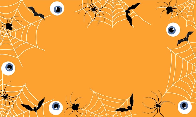 Fondo de Halloween con espacio de copia. Fondo naranja con murciélago, araña, red, ojo. Vector